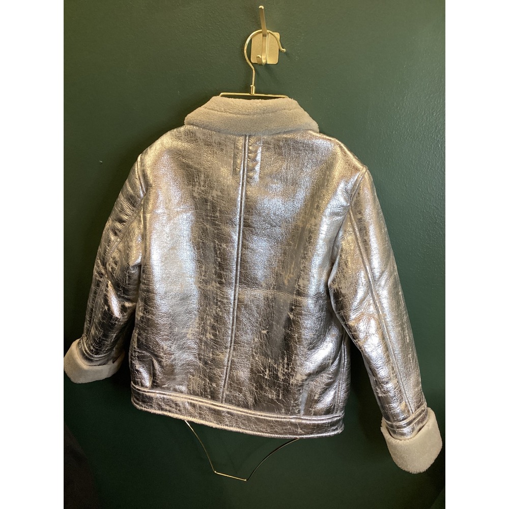 Desigual Silver Metallic Aviator Jacket Kids Size 9/10 NWT Faux Shearling Biker - Picture 6 of 6